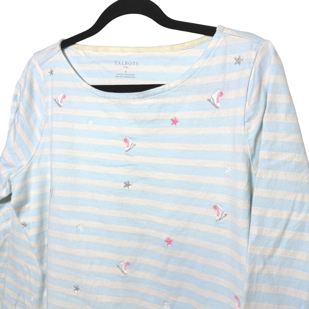 Talbots Plus Blue White Striped Ice Skate Embroidered Long Sleeve Tee 1X